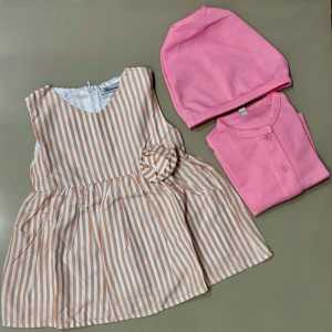 BELLE MAISSON - SETELAN ANAK PEREMPUAN 3IN1 (DRESS CARDIGAN TOPI) / SETELAN DRESS ANAK PEREMPUAN / KIDS DRESS PLUS OUTER / DRESS ANAK SALUR GARIS-GARIS / CARDIGAN ANAK DAN TOPI PINK