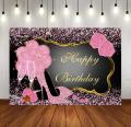 7x5ft Sweet Pink Happy Birthday Backdrop Rose Shiny Sequin High Heels Champagne Golden Frame Party Background Happy 30th 40th 50th 60th Birthday Decorations for Adults Women. 