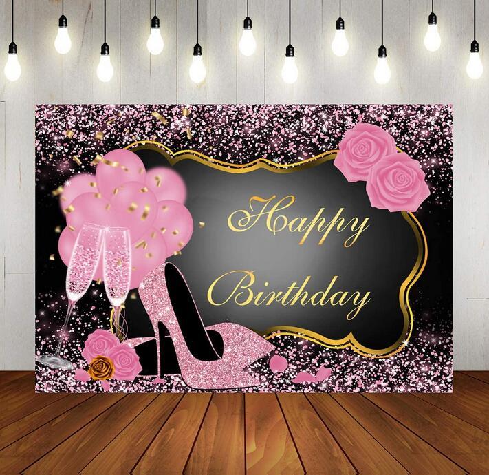 7x5ft Sweet Pink Happy Birthday Backdrop Rose Shiny Sequin High Heels Champagne Golden Frame Party Background Happy 30th 40th 50th 60th Birthday Decorations for Adults Women