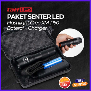 COD TaffLED Senter LED Flashlight Cree XM-P50 with Baterai and Charger - E17 / Senter Led 1 Set Baterai Charger / Senter Led Lengkap Dengan Baterai Dan Charger / Senter Led Super Terang 8000 Lumens 5 Mode Cahaya / Senter Led SOS / Senter Camping Survival