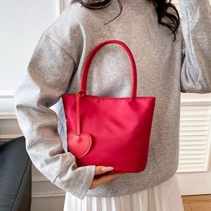 CHARRISSA Korean Style Nylon Tote Bag With Heart Pendant Solid Color Underarm Bag Portable Large Capacity Oxford Cloth Shoulder Bag Girls