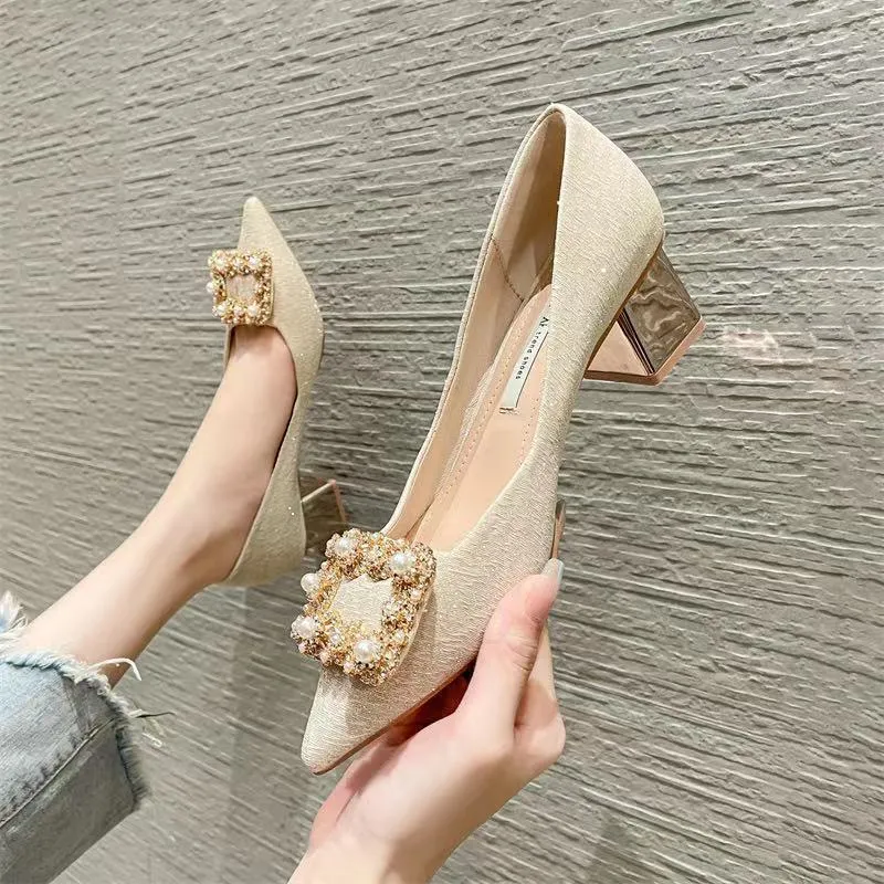 French Small Thick Heel High Heels 2021 Autumn Fashion Pearl