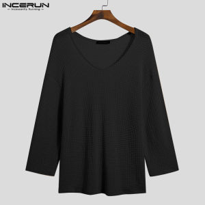 INCERUN lelaki Long Sleeve Knit Pullover V leher lihat melalui T shirt kasual Holiday Tee Blouse (gaya barat)