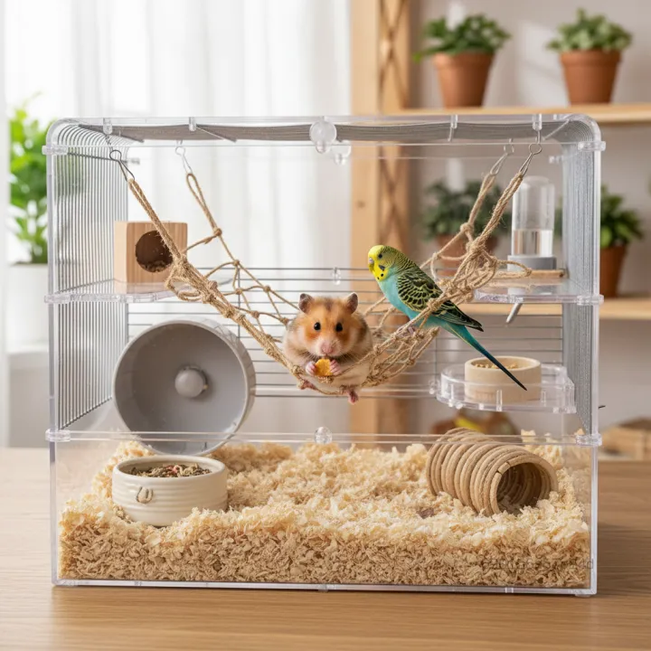 Lưới leo dây gai dầu cho chim và chuột đồng thú cưng với 4 móc hợp kim ...