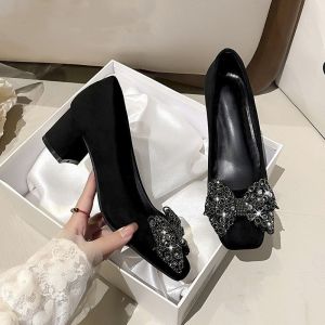 Free Shipping Square-Toe WomenS Shoes With Rhinestone Bow Black Low-Heel Shallow Mouth Elegant Suede 2026 Spring Collection Chunky Heel Professional Shoes