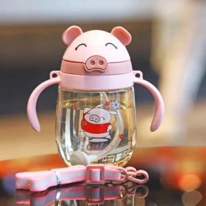 Bình nước tập uống cho bé 350ml hình heo dễ thương van hút 1 chiều chống sặc cho bé tay cầm tiện lợi