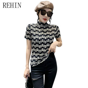 REHIN Autumn new fashion plaid printed half-high collar short-sleeved T-shirt versatile and slimming womens top