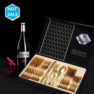 High Quality Not Fade 24 Piece 304 Stainless Steel Cutlery Set Tableware With Black Paper Gift Box Stainless Knife Spoon and Fork Set stainless cutlery set Flatware Gift Boxed Dinnerware Knife Fork Spoon Tableware Golden Spoon & Pork Set