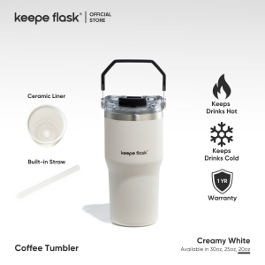[p49 Name Engraving] NEW Keepe Flask Premium CERAMIC LINER Coffee Tumbler Creamy White Stainless Steel Vacuum Dual-Mouths Hot and Cold Tumbler Built-in Straw Mug with Stylish Metal Handle