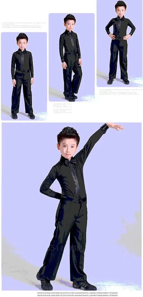 FECHENG 2023 Boys Latin Dance Costume Ballroom Cha Cha Rumba Tango Stage  Performance Clothing Set Children Black White Bow Dancewear