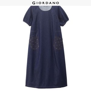 Giordano Women Jacquard pockets raglan sleeve denim dress Free Shipping 18466816