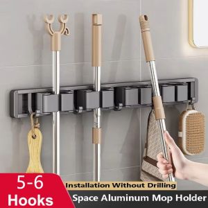 PWD0442 Self Adhesive Wall Mounted Mop Holder 4/5 Position 5/6 Hooks Bathroom Broom Hanger Rust-proof Space Saving Cleaning Tool Organizer Garage