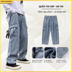 Quần jean túi hộp nam nữ ống rộng SUN 119 MÀU XANH vải jean mềm dễ phối đồ phong cách hàn quốc