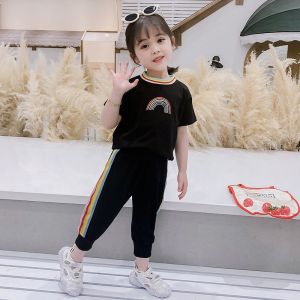 Terno For Kids Girls Clothing Girls Suit New Style Rainbow Short-Sleeved Cropped Pants Two-Piece Childrens Clothes Fashi