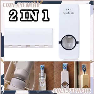 2 IN 1 Toothpaste Squeezer Dispenser Tooth Brush Holder Bathroom Rack Dustproof with Suction Pad Wall Mounted