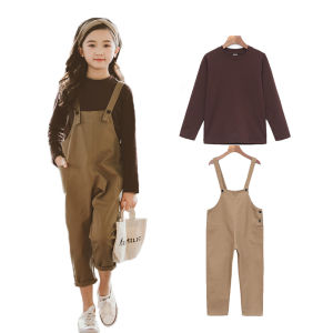 2Pcs Kids Girls Spring Jumper Overalls Outfit Bottoms Pants+Long Sleeve Tshirt Clothing Set Children Daily Casual Wear 4-14 Years