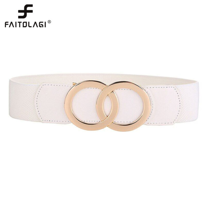 PU Leather Gold Waist Belt for Women Double Rings Buckle Wide