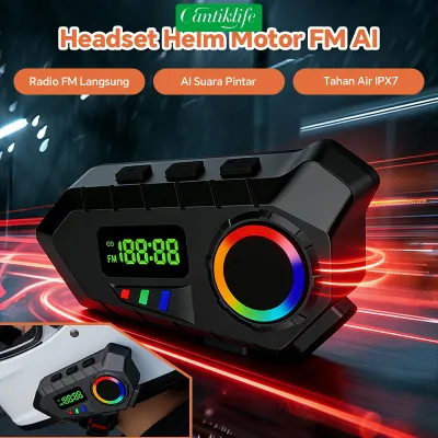 Headset Helm Motor Bluetooth 6.0 Radio FM 87.5-108MHz IP65 Tahan Air Debu Baterai 20 Jam AI Suara Pintar Lampu RGB Instalasi Mudah Kompatibel Semua Helm