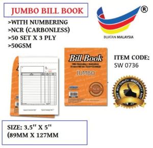 (1 booksk) NCR Jumbo Bill Book SW0736 89 x 127 mm Small and Top Open