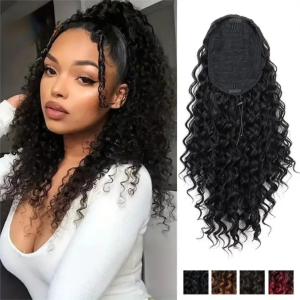 OUM19 Synthetic Kinky Curly Ponytail Hair 18Inch Ombre Short Fluffy Curly Hairpiece Heat Resistant Fiber Fake Drawstring Clip Hair Extension for Women