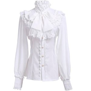 Medieval Victorian Top Gothic Lolita Blouse Vintage Shirts For Women Black White㏇X0408