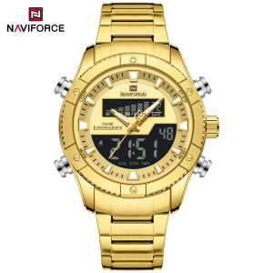 NAVIFORCE Original Mens Fashion Dual Time Watch LCD Digital Display Quartz Luminous Pointer Calendar Date Stainless Steel Strap Waterproof 30m Business Casual Multifunctional Mens Watch Gift NF9259