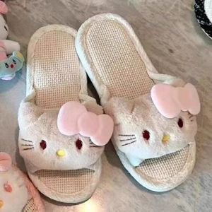 Hellokitty Home Slippers Cartoon Linen Sweat-Absorbing Cute All-Season Indoor Breathable Non-Slip For Women