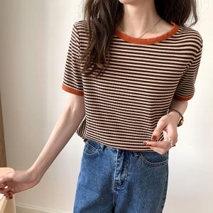 IELGY Womens Korean Style Loose Round Neck Striped Short Sleeve T-shirt