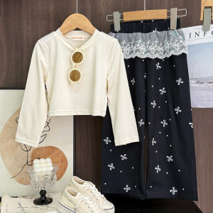 Lãnh Đạo gấu phiên bản Hàn Quốc Màu Trơn Áo Thun Cơ Bản + nơ ren quần in hai bộ chi tiết thường ngày mùa xuân và mùa thu quần áo bé gái trong 3 đến 7 năm