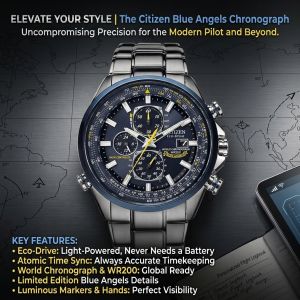 Men Quartz Chronograph Watch Pilot Blue Dial Three Subdials Six Hands Stainless Steel Band Analog Business Casual Dress Watch
