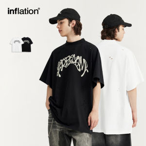 INFLATION brand mens youth matte distressed printed T-shirt 2024 spring/summer new trendy brand 265g heavy-duty loose fitting mens short sleeved shirt