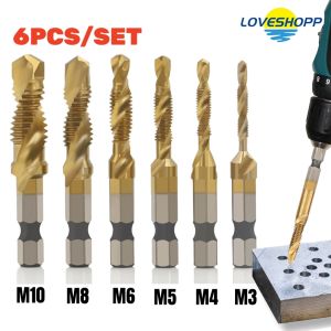6Pcs Hex Shank Titanium Plated HSS Screw Thread Metric Tap Drill Bits Screw Machine Compound tap M3 M4 M5 M6 M8 M10 Hand Tools