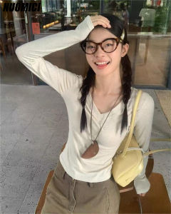 HUYTT V-neck Long Sleeve T-shirt Womens 2025 New Slim Fit Autumn Winter Basic Style Inner Gray Top Womens Clothing Daily