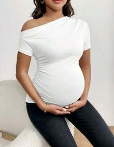 CC Elegant Maternity Off-Shoulder T-Shirt with Short Sleeves and Plain Design