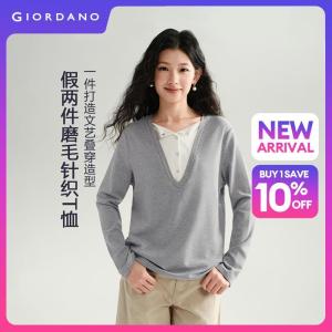 GIORDANO Women T-Shirts Fake Two-Piece Contrast Collar Tee Half Placket Fashionable Casual Relaxed T-Shirts 18326103