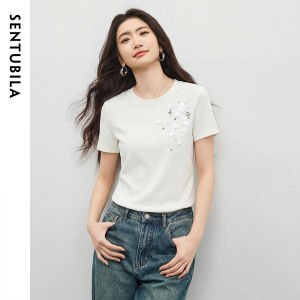 SENTUBILA Casual Cotton T-shirt for Women 2026 Summer Crew Neck Cluster Sequin Simple Straight Short Sleeve Knit Top 162TG7021S2026