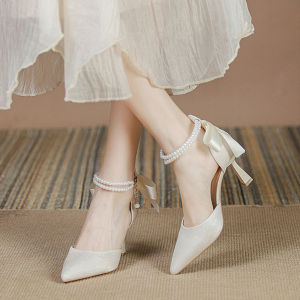 Pearl Lace Straps French pointed thin heel womens high heels Formal Fashion Heels Sandals for women Elegant White Heels