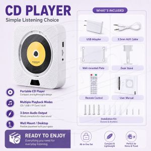 Wall Mounted CD Player Portable Music Player Desktop HD DVD Player with Remote Control USB Music Player LED Display Speaker Surround Sound FM Radio Built-in Bluetooth Speaker