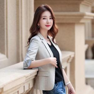 Chfeirno Women Korea Style Thin Blazer Coat 3/4 Sleeve Slim Long Sleeve Casual Suit Jacket