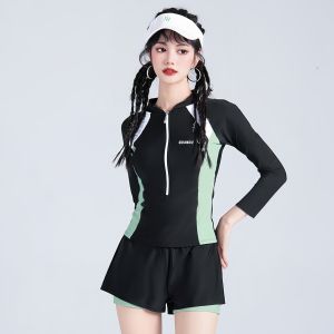 ชุดว่ายน้ำกีฬา ชุดว่ายน้ำแฟชั่น ชุดว่ายน้ำผู้หญิง แขนยาว มีซิปหน้า กางเกงกระโปรง