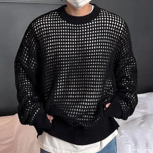 7LiNew 2024 Mens Black Long Sleeve KnittedTop Sweaters Clothes Hollow Out Fishnet Mesh Style Knit R Sweater Cal Male Tops