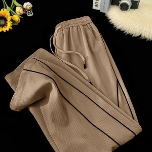 GE Mens Casual Loose Fit Wide Leg Pants Black Straight Leg Sports Trousers with Side Stripes