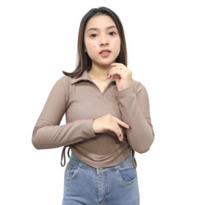 Atasan Kerah Crop Tali Serut Samping Kaos Berkerah Vneck Lengan Panjang wanita Style Korea Xena