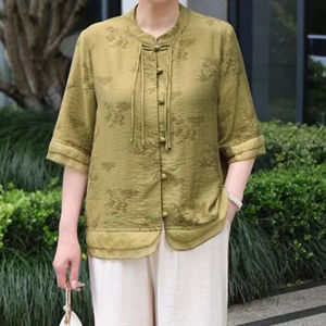Middle-Aged and Elderly Womens Summer New Chinese Top 2024 New Mothers Clothes Half-Sleeve Shirt Shirt Grandmas Clothes Clothes