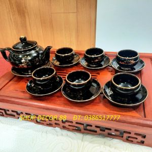 Bộ ấm trà men đen vẽ vàng 24k gốm sứ Bát Tràng cao cấp