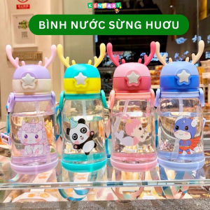 Bình nước cho bé 600ml sừng hươu tuần lộc có dây đeo bình nước nhựa đi học cute cho bé trai và bé gái