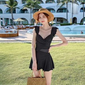 2025Swimwear Ladies Single Solid color French Swimwear wholesale Conservative Slimming steel stand bra dress style swimwear