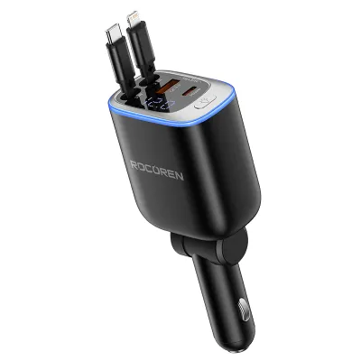 Rocoren Car Charger 72W Fast Charger Adapter Dual USB-C&USB-A&Ligthing With Retractable Charging Cable Digital Display LED 180° Rotation Universal Car Accessories