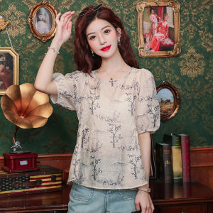 AMMIN เสื้อผู้หญิงแขนสั้นพิมพ์ลายวินเทจคอกลมหลวมสไตล์เกาหลีเสื้อชีฟอง2024ฤดูร้อน