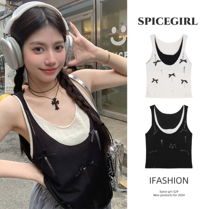 🧀Spice girl🧀เสื้อกล้ามได้เหมือน2ชิ้น ผ้าถัถดี ตกแต่งโบว์ 2สี ทรงหลวม ...